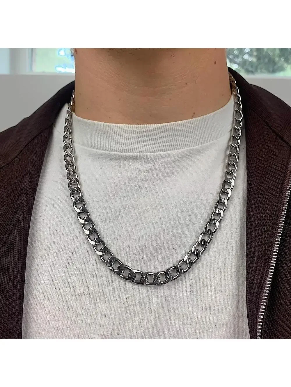 High quality Y2k style Silver stainless steel 23.5 inch Cuban chain necklace